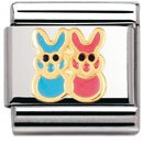 Nomination Pink & Blue Bunnies Charm 18ct Gold & Enamel.