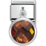 Nomination Stainless Steel, CZ & Silver Drop Round Smokey Quartz Charm.