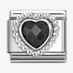 Nomination Silver Black Heart shaped Faceted CZ Dots Edge Charm