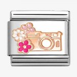 Nomination 9ct Rose Gold & Enamel Camera with Flowers Charm