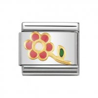 Nomination Classic Pink Flower with Stem Charm 18ct Gold & Enamel.