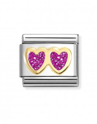 Nomination 18ct Gold Glitter Double Fuchsia Heart Charm.