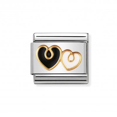 Nomination 18ct Gold & Enamel Black & White Double Heart Classic Charm