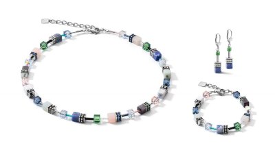 Necklace, Bracelet & ER Set GeoCUBE® Swarovski® Crystals & Gemstones blue-green