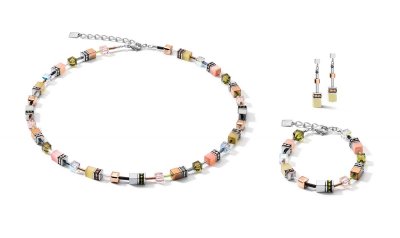 Necklace, Bracelet & Earrings Set GeoCUBE® medium olive-peach
