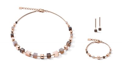 Necklet, Bracelet & Earring set GeoCUBE® big Gemstones, Swarovski® Crystals & stainless steel rose gold brown