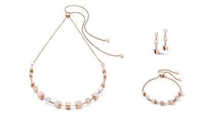 Necklet, Bracelet & Earring set GeoCUBE® pink aventurine delicate chain rose gold-peach