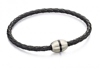 Fred Bennett Skinny Black Leather Plaited SS Bracelet