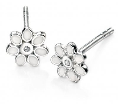 Silver D For Diamond White Enamel Flower Stud earrings
