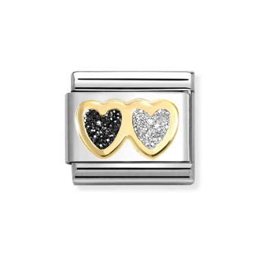 Nomination 18ct Gold Glitter Double Black & Silver Heart Charm.