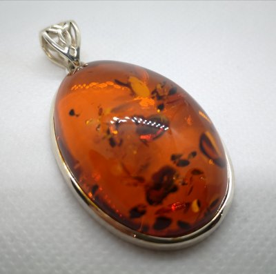 Silver Oval Cognac Amber Pendant