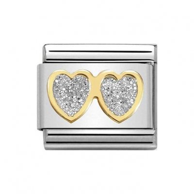 Nomination 18ct Gold Double Heart Glitter Plate Charm.