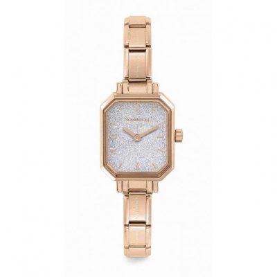Paris Classic Rose Gold Plated & Rectangular Silver Glitter Dial Watch