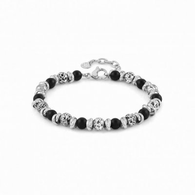 Instinct Vulcano Antiqued Stainless Steel Rings, Opaque Onyx & Lava Bracelet