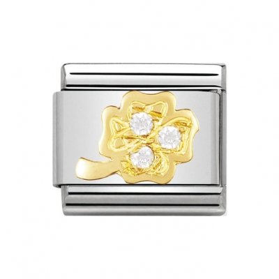 Nomination Stainless Steel, 18ct Gold CZ set White Four Leaf Clover Charm.