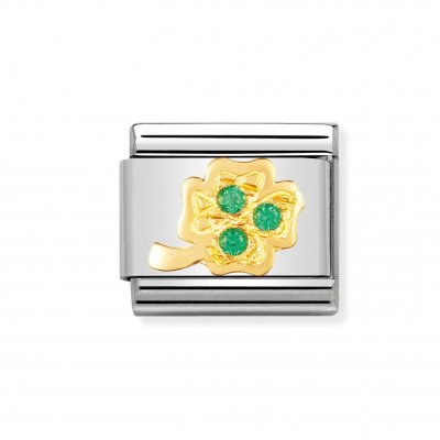 Nomination Stainless Steel, 18ct Gold CZ set Green Four Leaf Clover Charm.