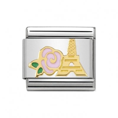 Nomination Stainless Steel, Enamel & 18ct Pink Rose Eiffel Madame Monsieur Charm.